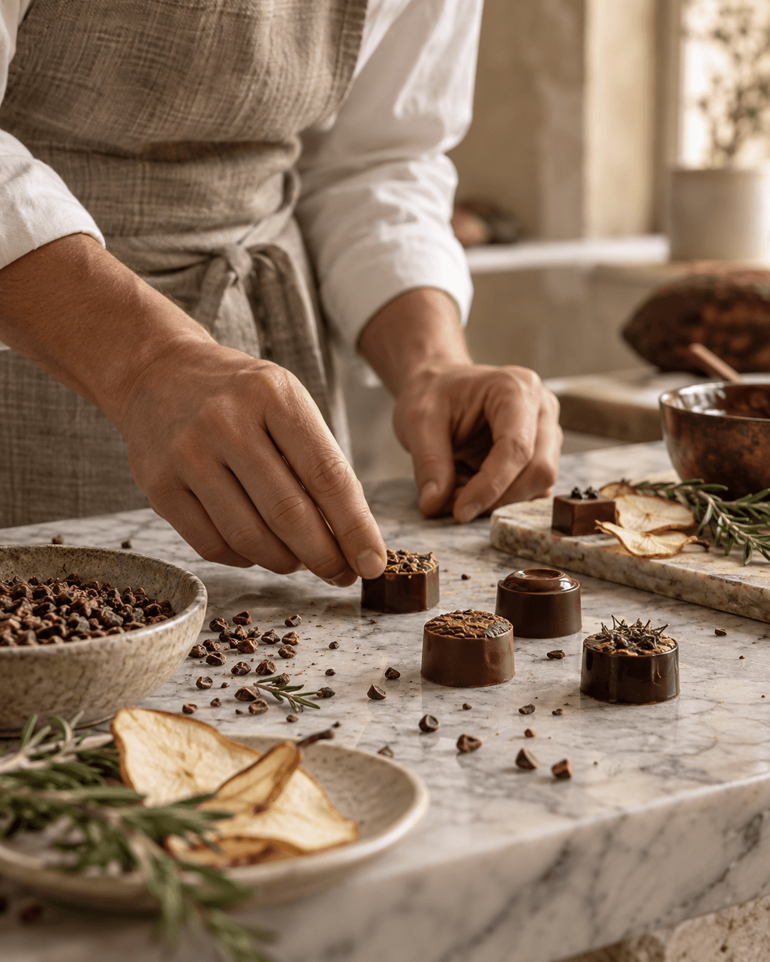 A chocolatier arranging handmade pralines at a marble atelier table