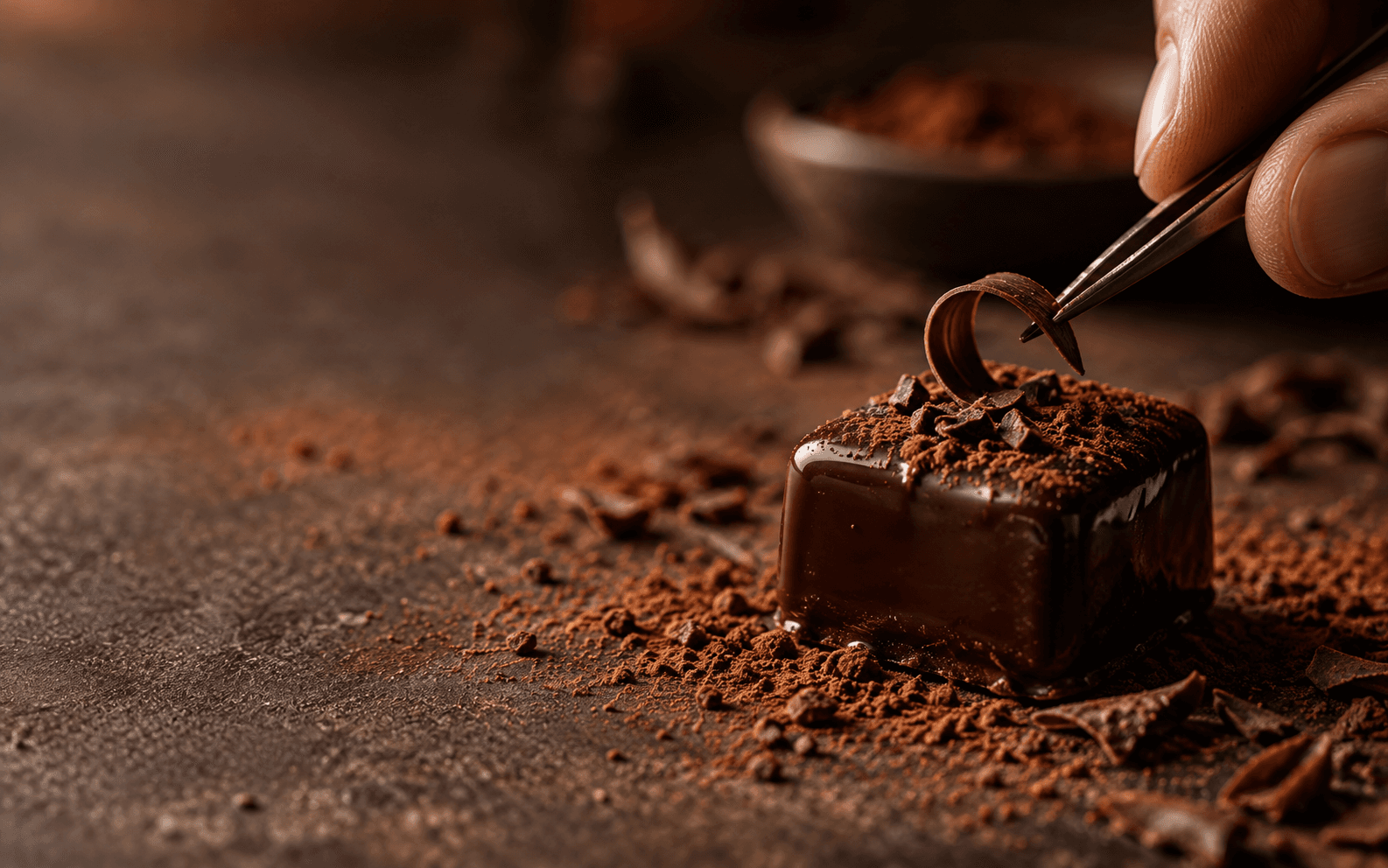 A handmade chocolate praline being carefully finished in the atelier
